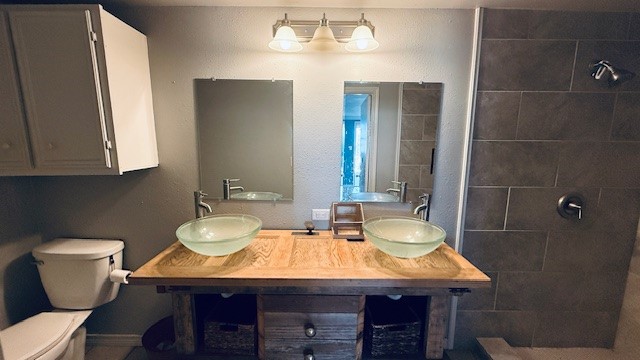 305 East Milam Street Pettus, TX 78416 - Photo 18 of 21 a bathroom with a granite countertop toilet sink and mirror