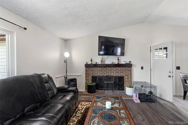 a living room with furniture a rug and a fireplace