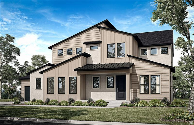 Elevation A-Modern exterior with a combination of vertical and horizontal siding, stucco finishes, and a dark shingle roof