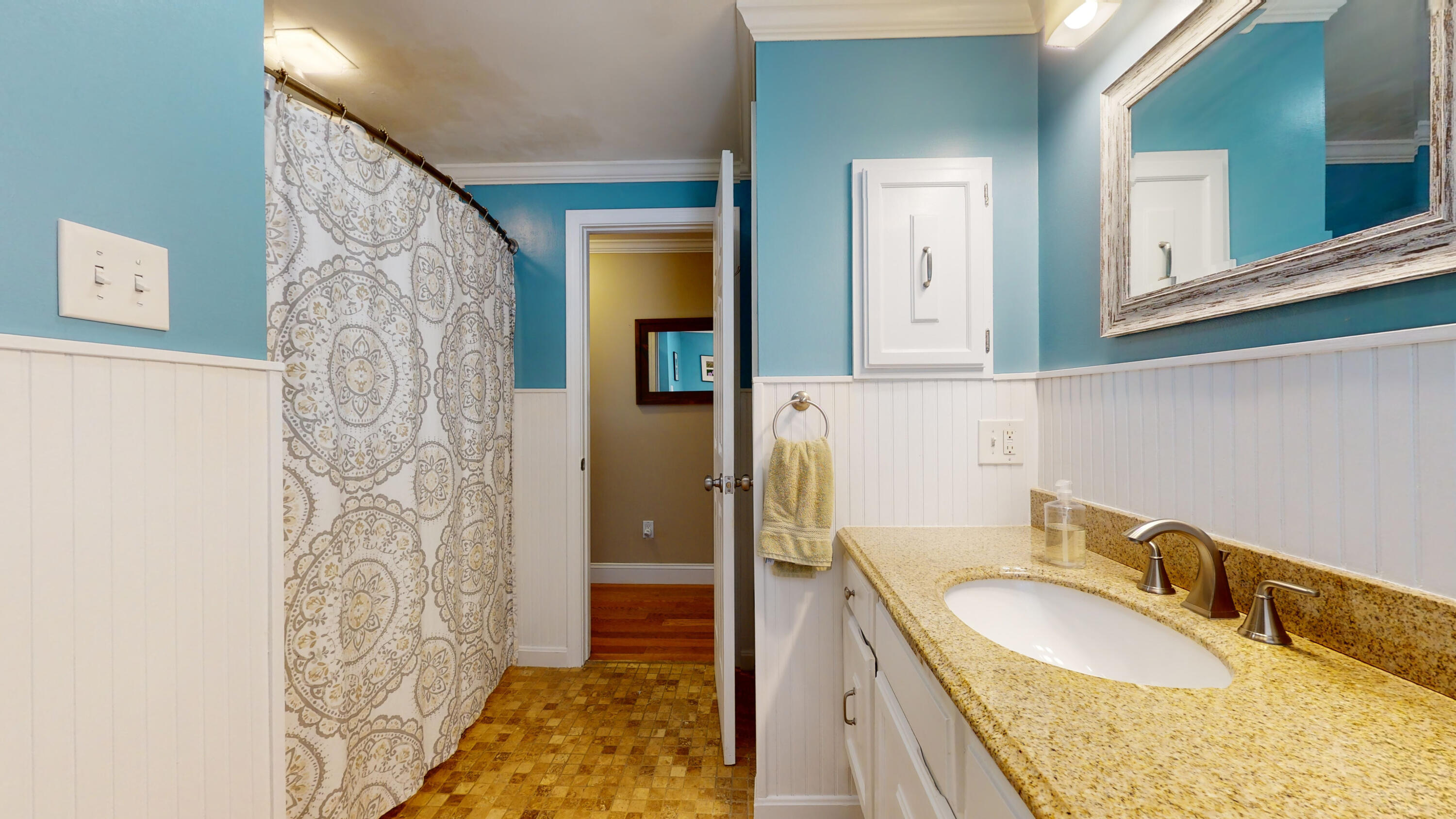 15 Surrey Lane Sandwich, MA 02563 - Photo 36 of 51 a bathroom with a granite countertop sink a mirror and a shower