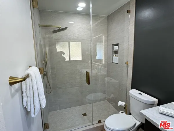 a bathroom with a shower and toilet