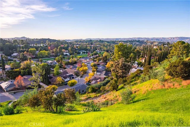 an aerial view of residential houses with outdoor space and trees