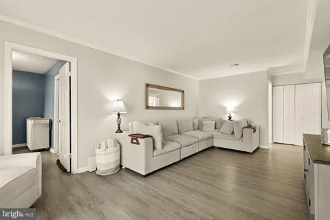 a living room with furniture and a lamp