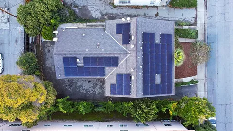 an aerial view of a house with plants and large trees