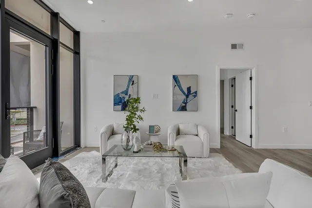 a living room with furniture and a potted plant