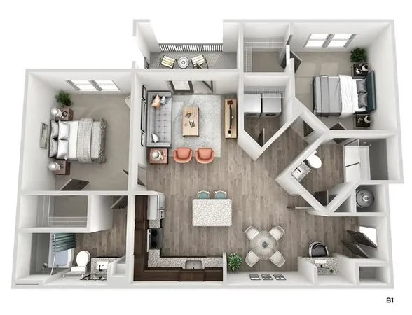 a living room with furniture and a kitchen view