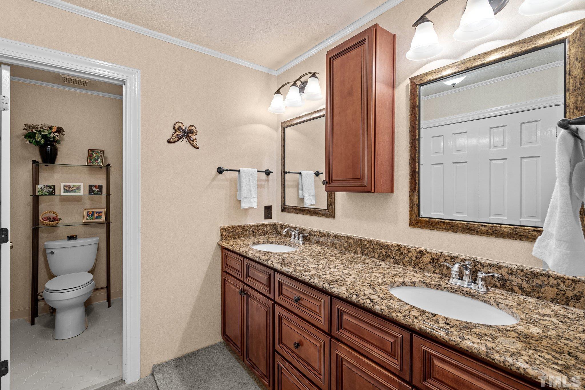 7805 Harps Mill Road Raleigh, NC 27615 - Photo 30 of 57 a bathroom with a granite countertop sink a toilet and a mirror