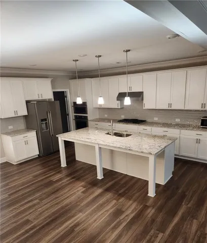 a kitchen with stainless steel appliances a stove a sink dishwasher a refrigerator and cabinets with wooden floor