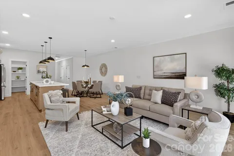 a living room with furniture a rug and a chandelier