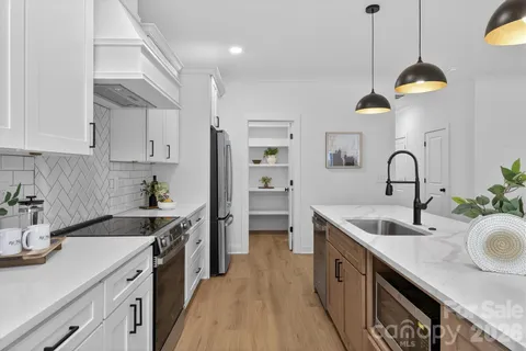 a kitchen with a sink a counter space appliances and cabinets