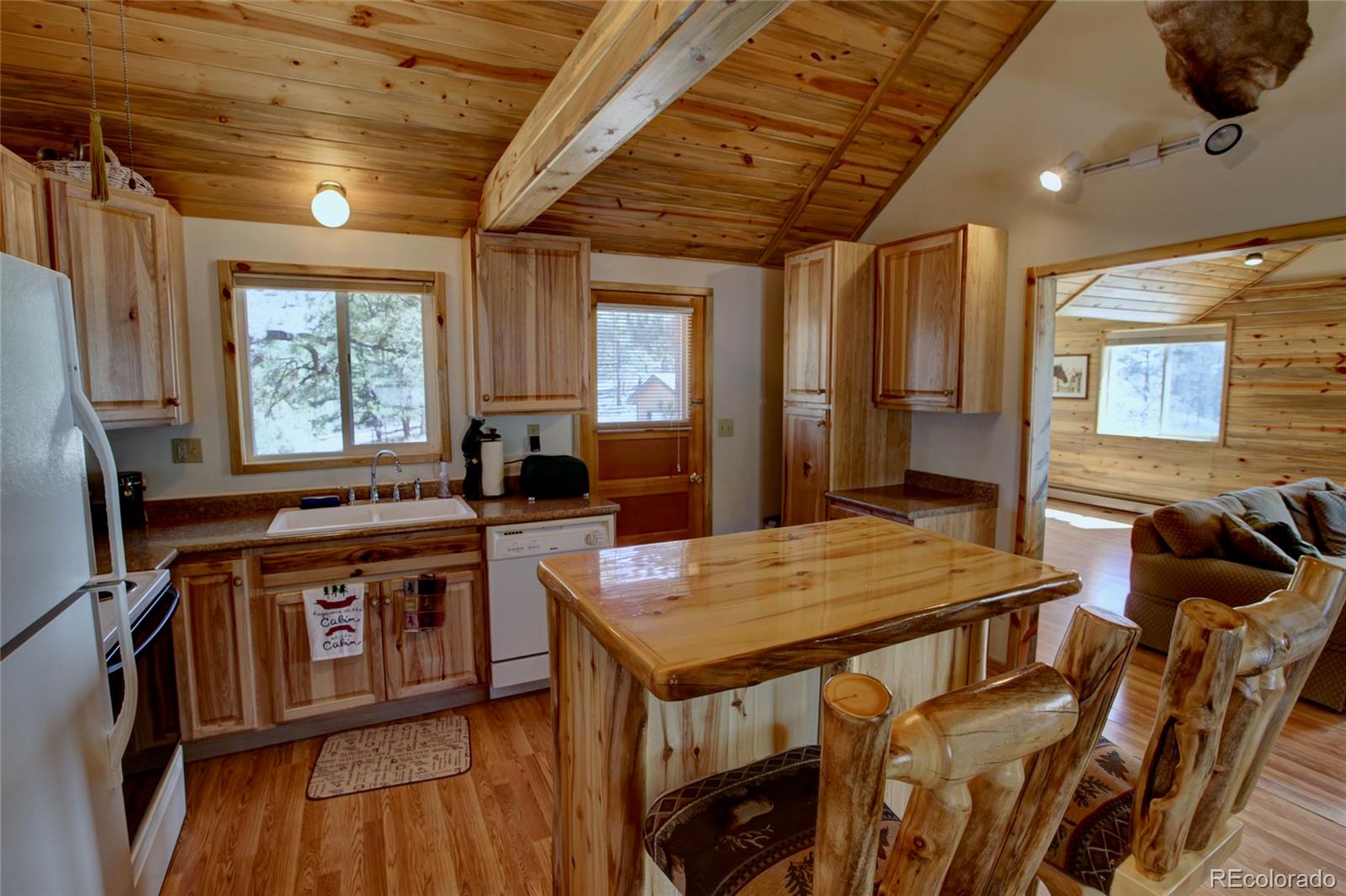 530 Red Feather Road Cotopaxi, CO 81223 - Photo 15 of 46 a kitchen with stainless steel appliances granite countertop a stove a refrigerator a sink a dining table and chairs with wooden floor