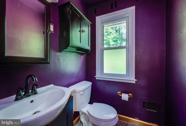 a bathroom with a sink toilet and mirror