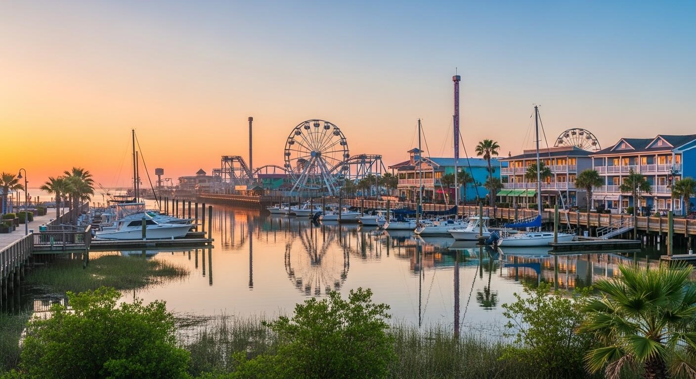 0 Hester Street Seabrook, TX 77586 - Photo 15 of 16 This waterfront scene showcases a vibrant marina with boats docked along a wooden boardwalk. In the background, there's a lively amusement park with a Ferris wheel and colorful buildings. The serene water reflects the sunset, creating a picturesque and lively coastal atmosphere.