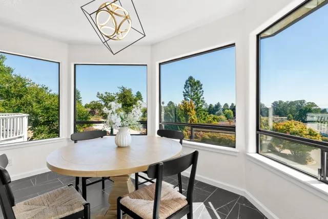 a view of a dining room with furniture window and outside view