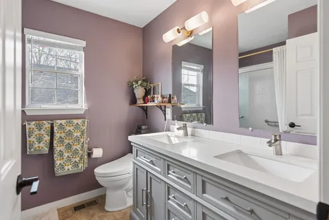 a bathroom with a double vanity sink toilet and a mirror