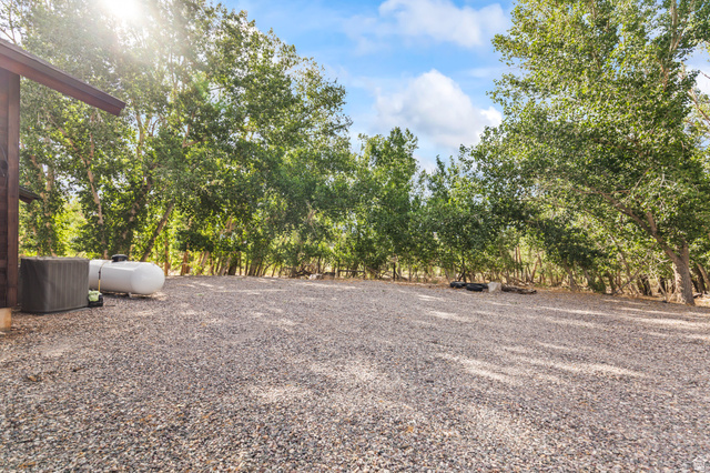 460 Omni Point Road Central Valley, UT 84754 - Photo 77 of 101 Gravel parking area featuring mature trees and a propane tank