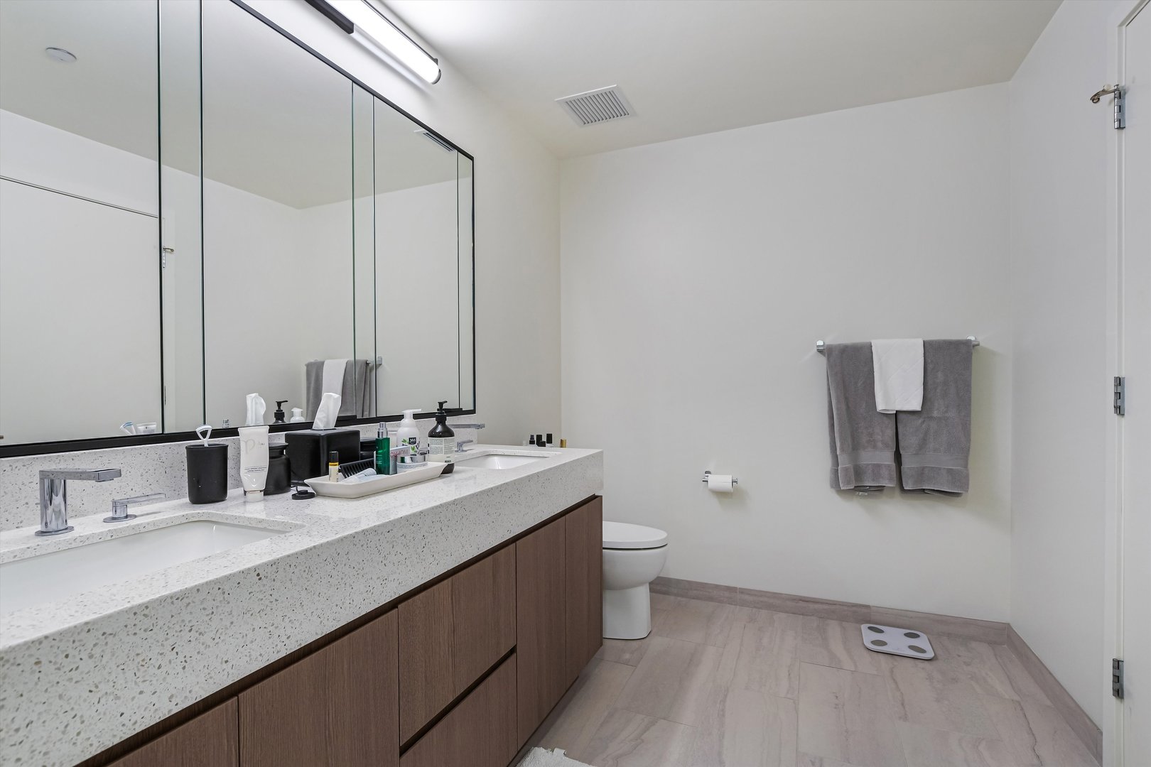 164 North Peoria Street, Unit 4004 Chicago, IL 60607 - Photo 17 of 32 a bathroom with a double vanity sink toilet and mirror