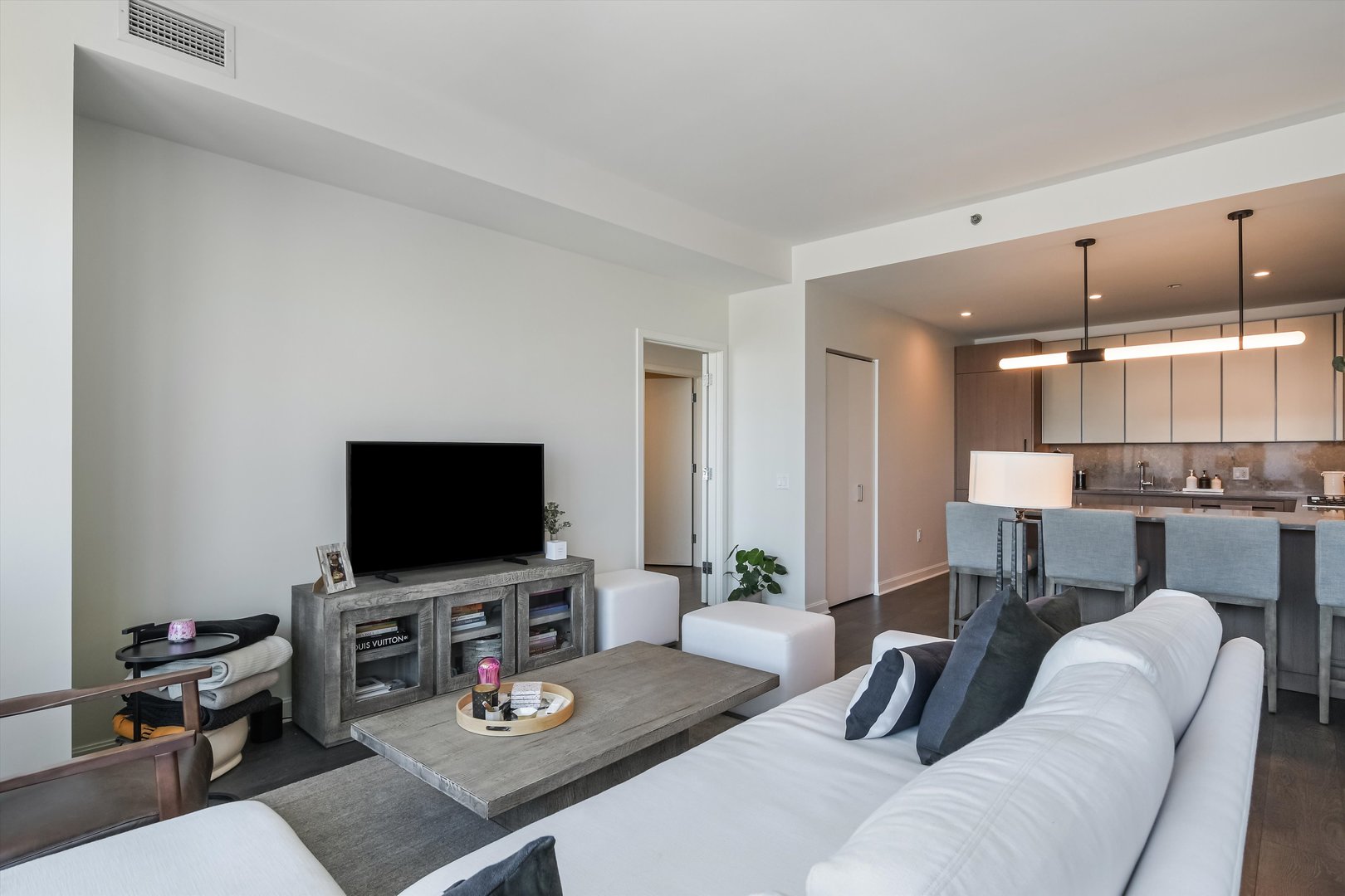 164 North Peoria Street, Unit 4004 Chicago, IL 60607 - Photo 7 of 32 a living room with furniture and a flat screen tv