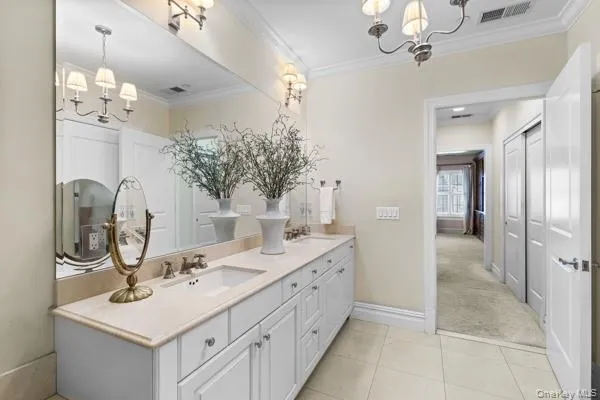 a bathroom with a sink vanity and a mirror