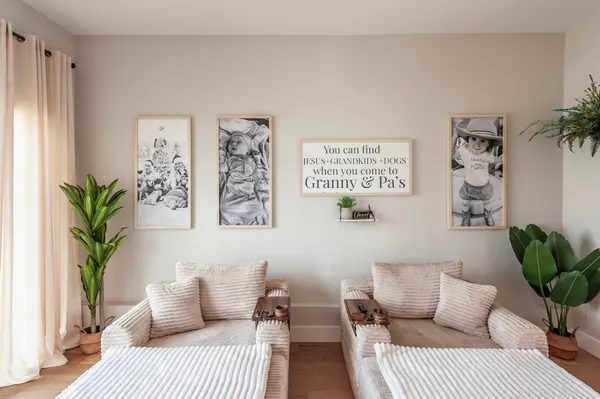 a living room with furniture and a potted plant