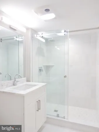 a bathroom with a shower sink vanity and a mirror