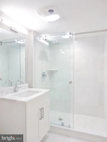 a bathroom with a shower sink vanity and a mirror