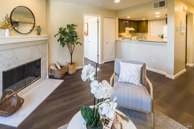 a living room with furniture a fireplace and a potted plant