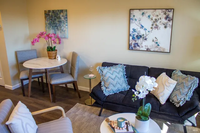 a living room with furniture and a potted plant