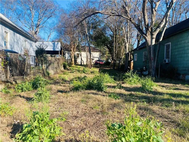 a view of a yard with plants and trees