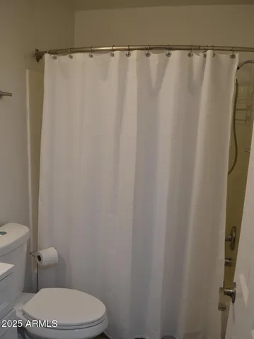 a white toilet sitting next to a shower curtain