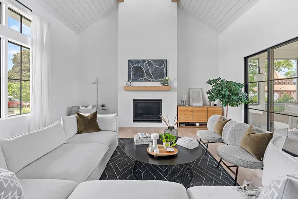 a living room with furniture and a fireplace
