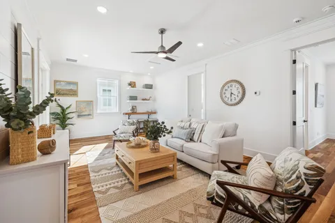 an aerial view of a house with a garden