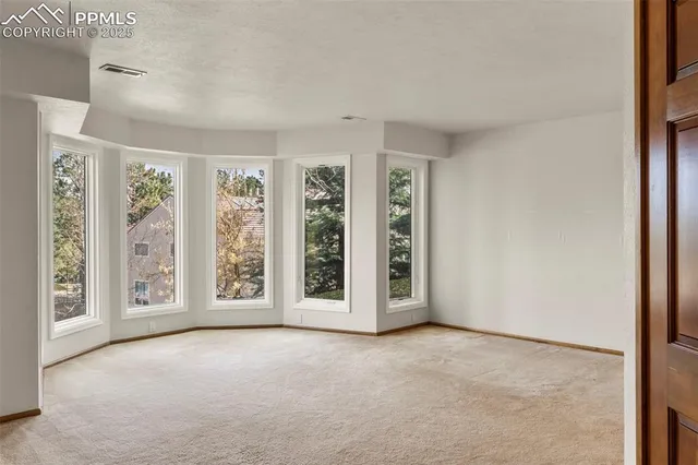 a view of an empty room with windows and closet