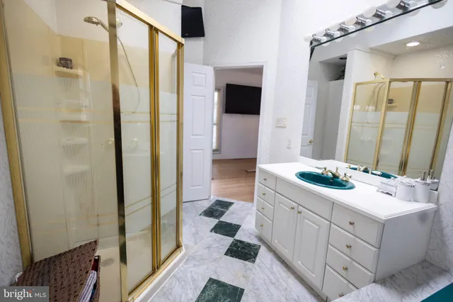 a bathroom with a double vanity sink mirror and shower