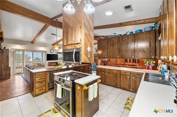 a kitchen with lots of counter top space