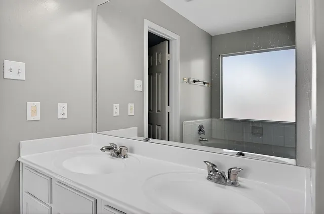 a bathroom with a sink and a mirror