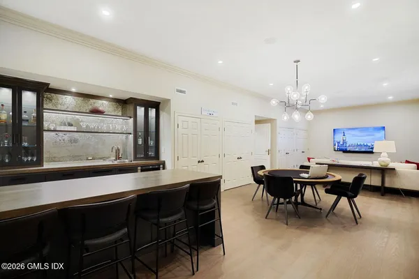 a view of a dining room with furniture