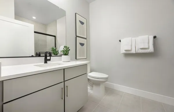 a bathroom with a sink a toilet and mirror