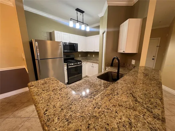 a kitchen with a refrigerator a sink and cabinets