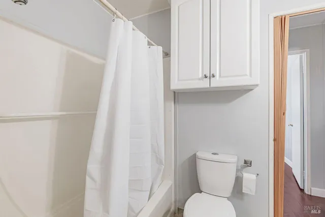 a white toilet sitting next to a shower curtain