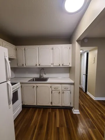 a kitchen with a sink stove and refrigerator