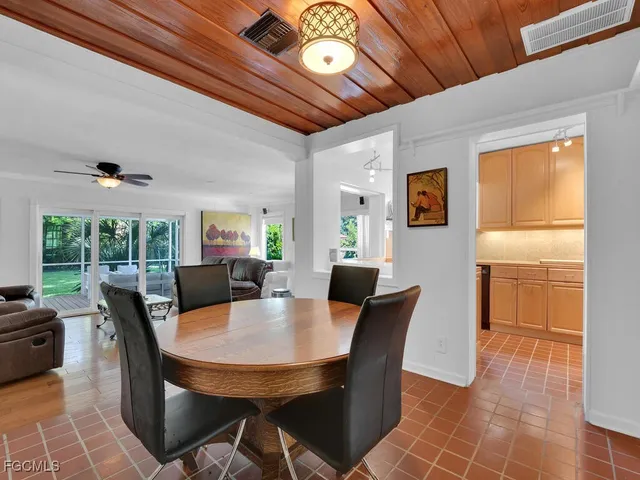 a view of a dining room with furniture window and outside view