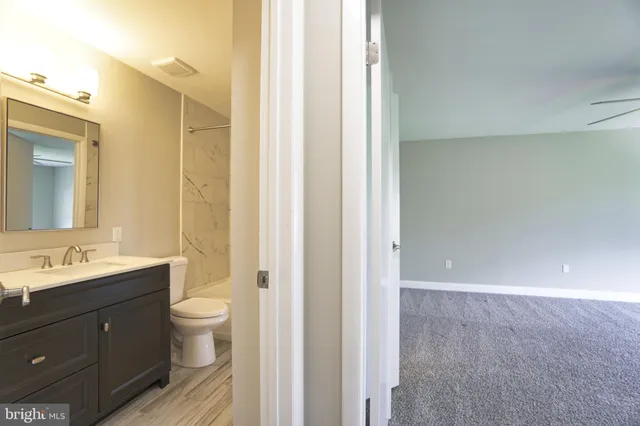 a bathroom with a double vanity sink a toilet and a mirror