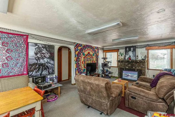 a living room with furniture a flat screen tv and a fireplace