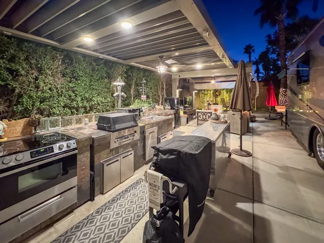 a view of a chairs and tables in patio