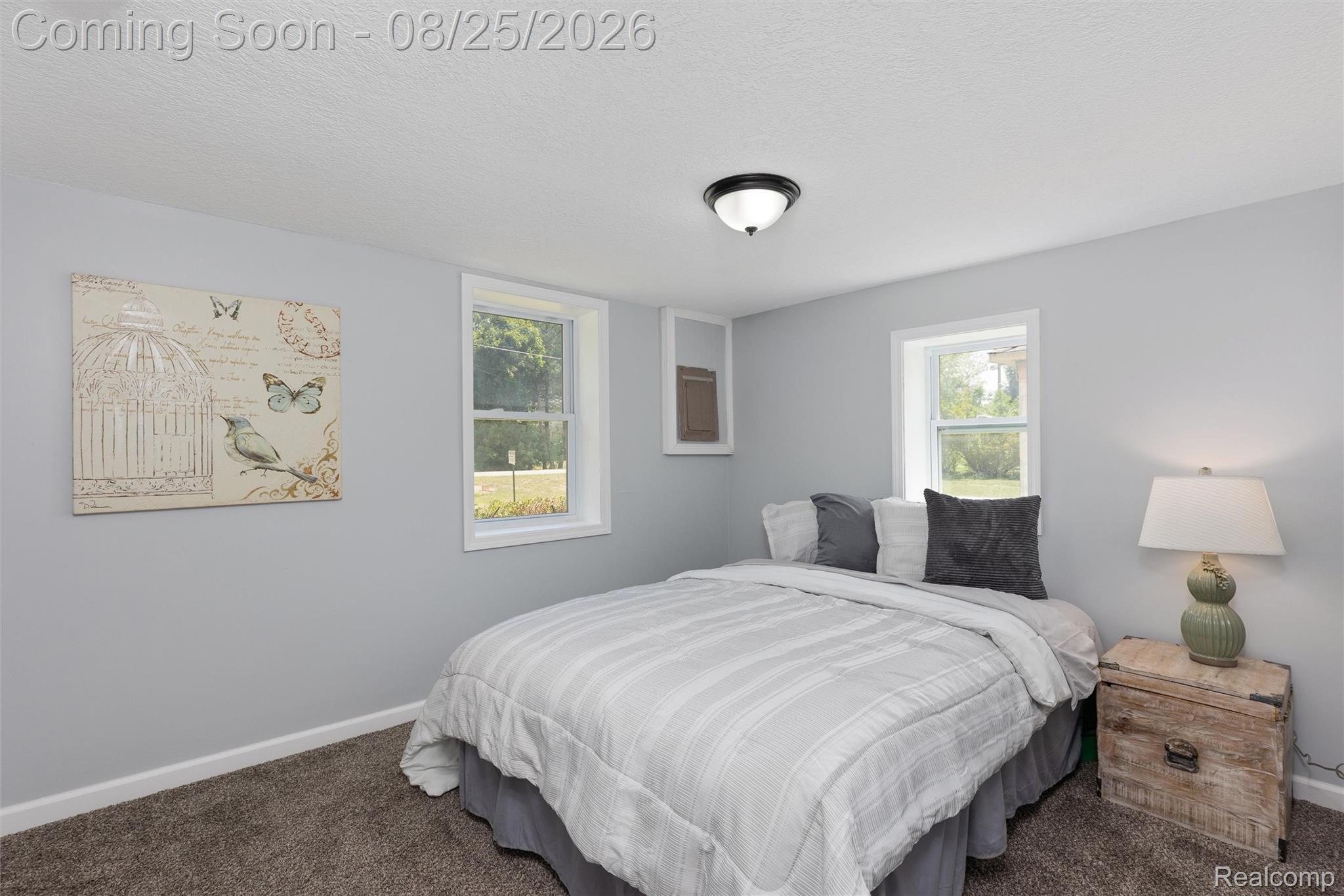 1156 Rinn Street Burton, MI 48509 - Photo 8 of 25 Light gray wall paint, white trim, two windows, textured carpet, and a ceiling-mounted light fixture