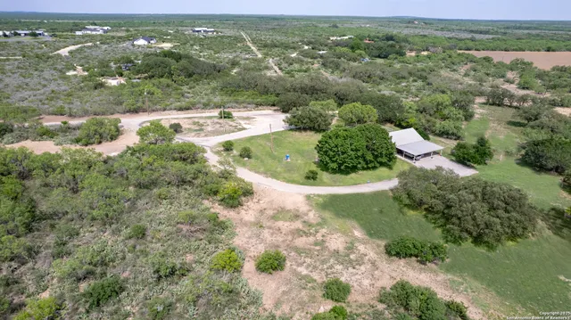 an aerial view of residential houses with outdoor space and trees