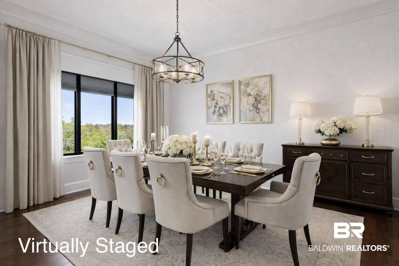 18269 Colony Drive, Unit 502 Fairhope, AL 36532 - Photo 3 of 28 Virtually staged dining area with ornamental molding, dark wood-style flooring, and a chandelier