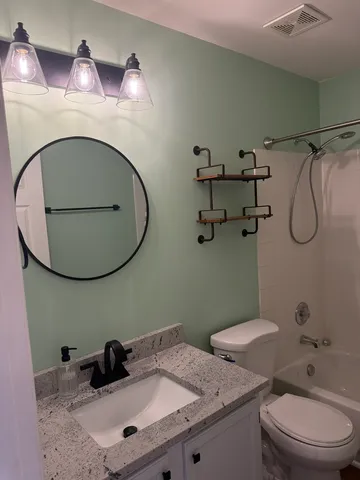 a bathroom with a sink mirror vanity and toilet