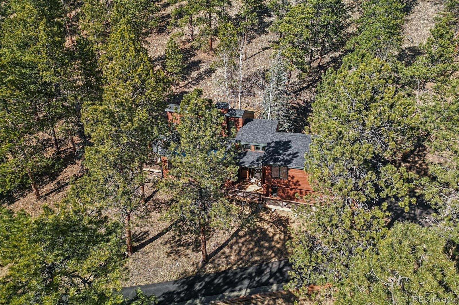 67 Oak Way Evergreen, CO 80439 - Photo 43 of 44 a view of a house with a lush green forest